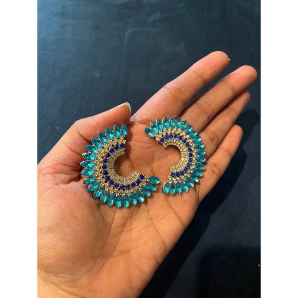 Aquamarine earrings large rhinestone crystal stud blue large aqua big earring - Picture 2 of 8